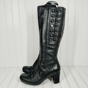 Clarks Black Leather Knee High Heel Zip Long Button Details Boots C1062